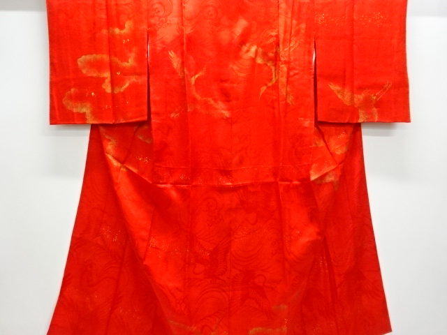 アンティーク　綸子金砂子雲に鶴模様長襦袢